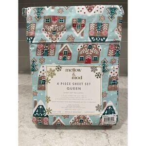GINGERBREAD HOUSE Queen Size Sheet Set Mellow & Mod Aqua Blue Holiday Pattern